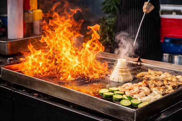 Live fire show on outdoor hibachi grill — Everlasting Hibachi